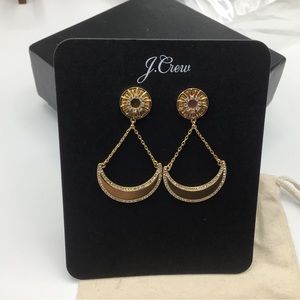 New J Crew Crescent Half Moon Earrings Drop Dangle Chain Gold Tone Rhinestones